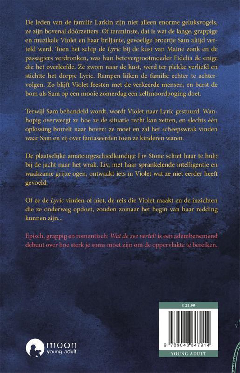 Achterkant van het boek "Wat de zee vertelt" met tekst, prijs en logo's.