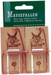 Twee houten muizen vallen met koperen veer en gegraveerde kattenkoppen, met "Luchs" logo.