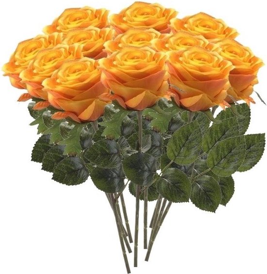 12 x Geel/oranje roos Simone steelbloem 45 cm - Kunstbloemen