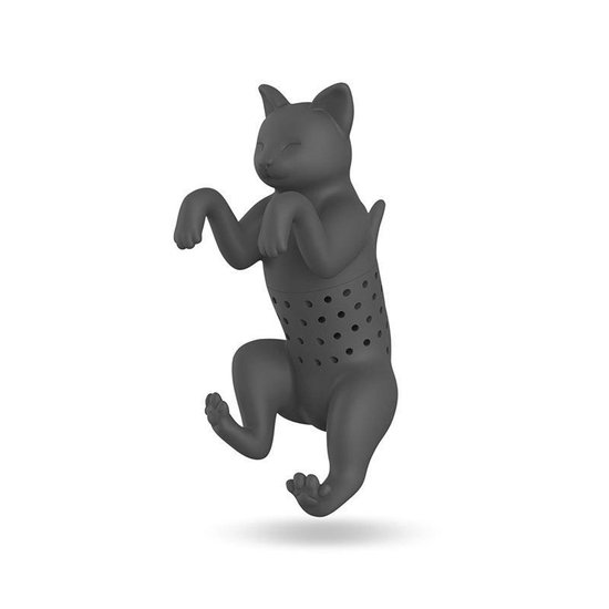 Zwarte kattenthee-ei met geperforeerd lichaam en poten die in de lucht hangen.