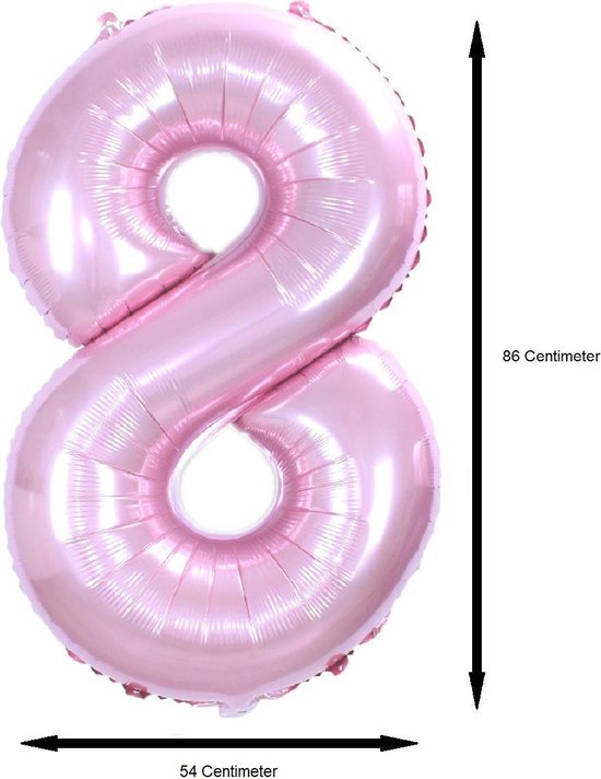 Lichtroze cijfer 8 ballon van folie, 86cm breed en 54cm hoog.