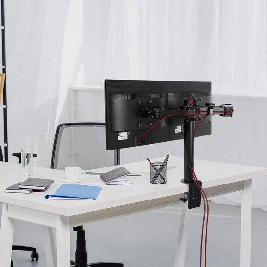 HUANUO Dubbele monitormontagestandaard - lange arm gasveer, 22-35 inch versterkbaar, VESA-beugel met klem, doorvoerbasis - elke arm houdt 12,0 kg vast
