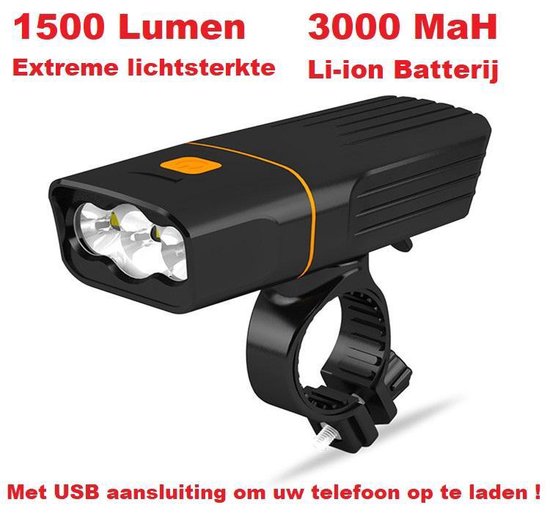 Fietslamp voorlicht + achterlicht set- sterke batterij- led- usb oplaadbaar- 1500 L- accu powerbank - RJRoyal Living