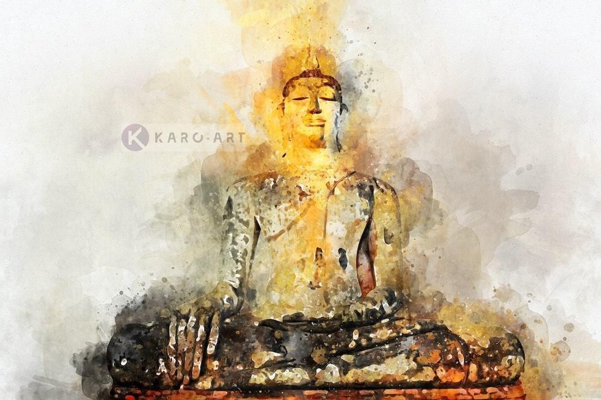 karo-art Schilderij - Boeddha in Aquarel (print op canvas), Multikleur , 3 maten , Wanddecoratie