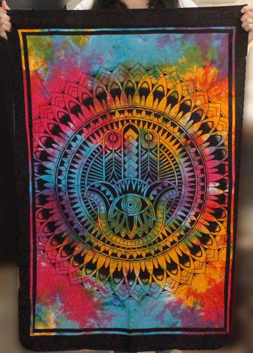 Ancient Wisdom - Wandkleed - Katoenen wanddecoratie multicolor - Hamsa-hand - Muurdecoratie - Vintage - Wanddecoratie - Decoratie - Sieradenbox