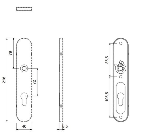 GPF Partie trou gauche plaque arrière longue arrondie 218x40x8,5mm PC72