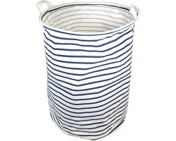QUVIO Wasmand - Opvouwbare wasmand - Opbergmand - Speelgoedmand - Waszak - Wasmanden - Met handvaten - Wassorteerder - Wasbox - Inhoud 30 Liter - Rond - Stof - Wit met blauwe strepen