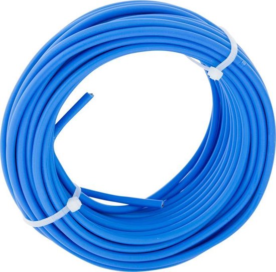 Een rol met blauw installatiedraad van 10 meter, met twee witte kabelbinders.