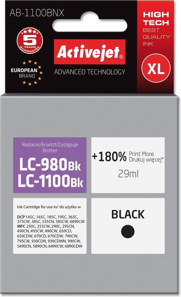 Activejet Inkt cartridges / Alternatief voor Brother LC-1100 / 985 / 980 XL Zwart | Brother DCP 145C/ 165C/ 193C/ 195C/ 197C/ 365CN/ 373CW/ 375CW/ 377CW