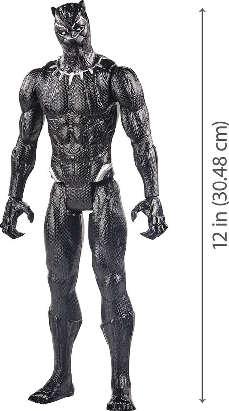 Zwart panter-actiefiguur van 30cm in zwart outfit met zilveren details en een masker.