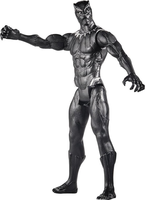 Zwart panter-actiefiguur van 30cm, voorste arm uitgestrekt, in zwart outfit met zilveren details.
