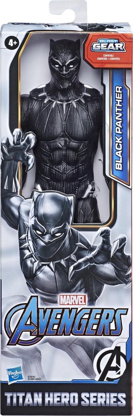 Black Panther speelfiguur in verpakking, met 'Avengers' logo, 'Gear' logo en afbeeldingen.