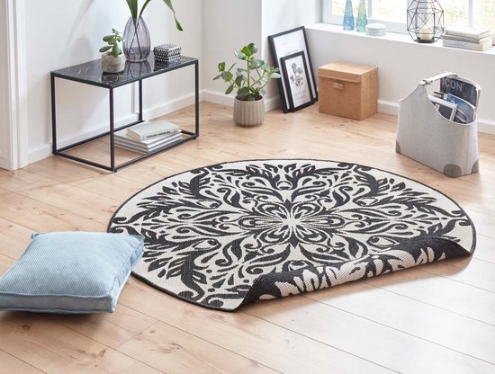 Rond binnen & buiten vloerkleed Madrid - zwart/crème 140 cm rond