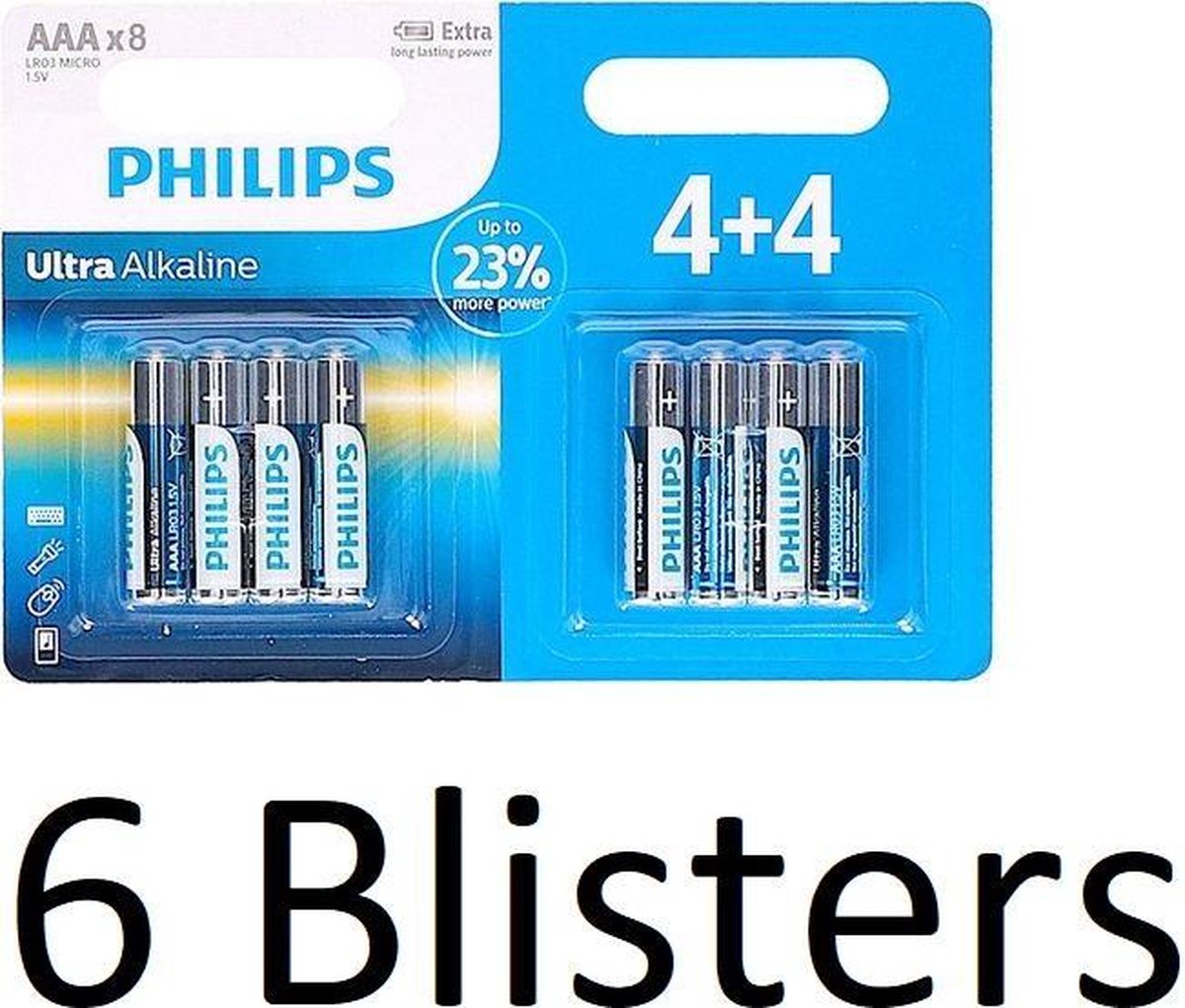 48 Stuks (6 Blisters a 8 st) Philips Ultra Alkaline Lr03/aaa Batterijen 4+4