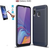 Samsung Galaxy A40 Carbone Brushed Tpu Blauw Cover Case Hoesje - 1 x Tempered Glass Screenprotector