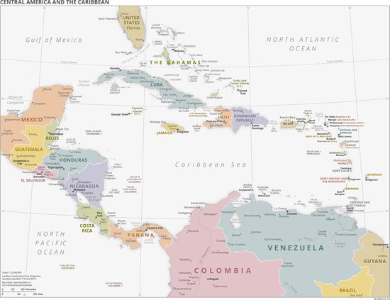 Poster Kaart Centraal Amerika & Caraïben - Mexico, Cuba & Colombia - Large 50x70 - Schoolplaat