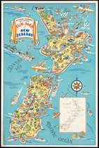 Poster Kaart Nieuw-Zeeland met illustraties - Vintage - 70x50 cm - Kinderkamer - Schoolplaat