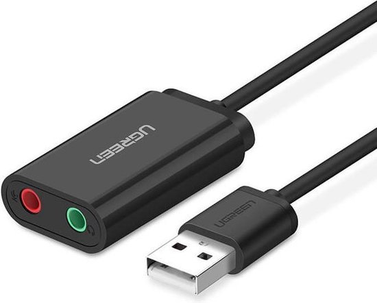 Zwarte UGREEN USB-geluidskaart met 3,5 mm microfoon- en hoofdtelefoonaansluitingen en USB-stekker.