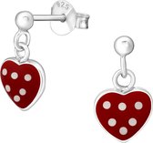 Joy|S - Zilveren hartje bedel oorbellen rood met witte stippen