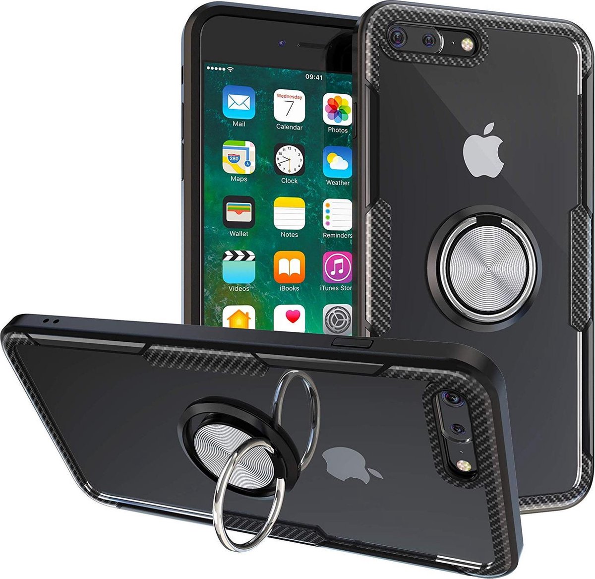 HB Hoesje Geschikt voor Apple iPhone 7 Plus - Carbon Armor Back Cover met Ring - Zwart