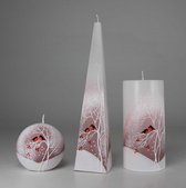 Kerst Kaarsen Set Handgeschilderd - Vogeltje in Boom - Wit/Oud Roze