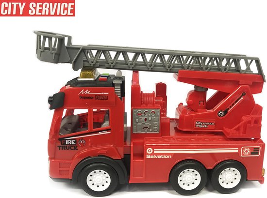 Bol Com Brandweerwagen Met Lichtjes En Geluid Autoladder City Service Brandweerauto 21cm