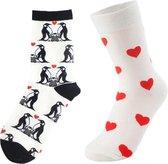 Sokken Dames Geschenkset - wit - print pinguin / hartjes - Maat 36-40