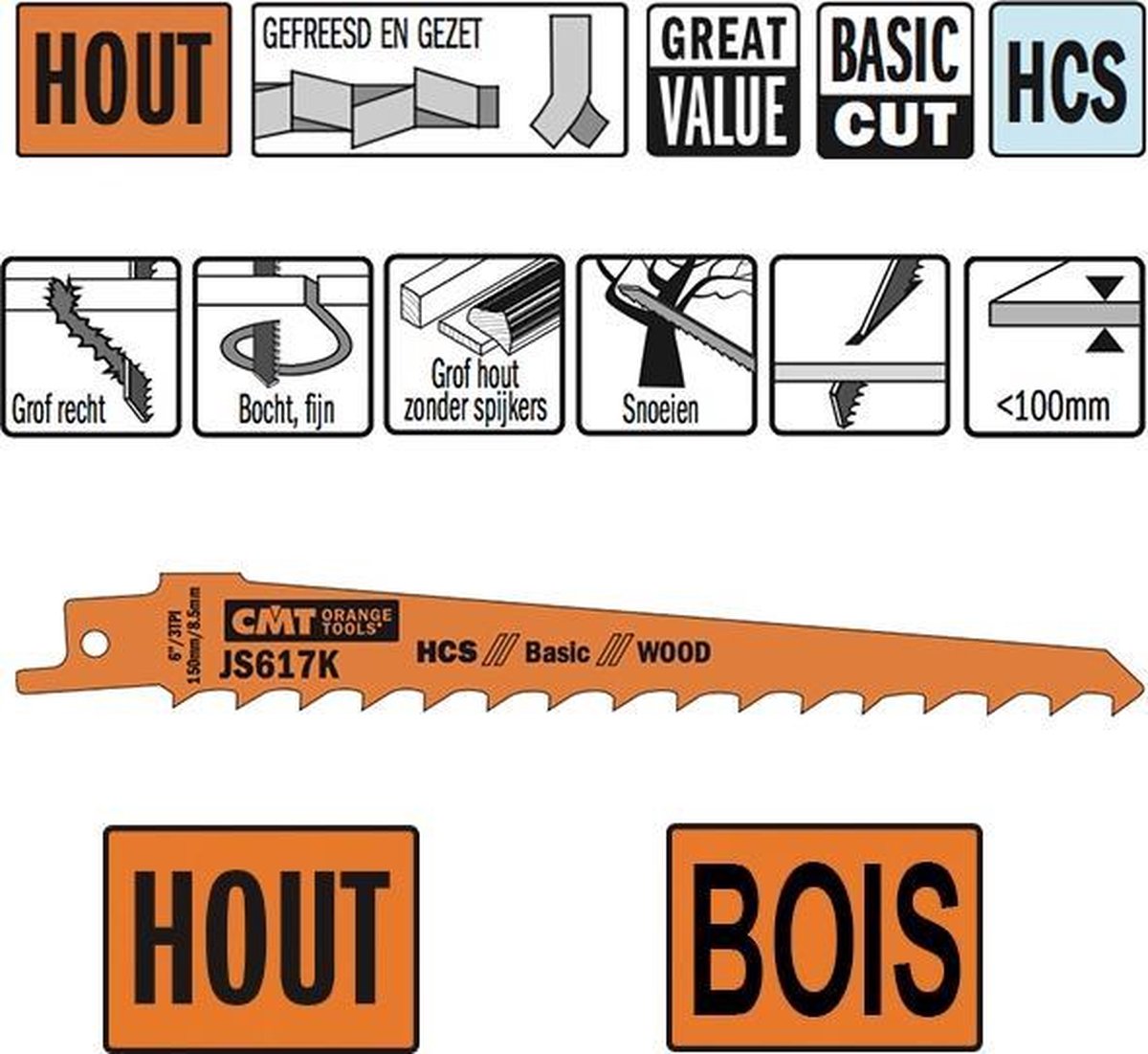 CMT JS617K-5 HCS reciprozaagblad 150 x 1,25 mm. 3tpi (grof hout zonder spijkers, snoeien)