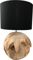 Stoere landelijke houten lamp Oliver Teak Tafellamp - Teak bal massief met ronde zwarte lampenkap