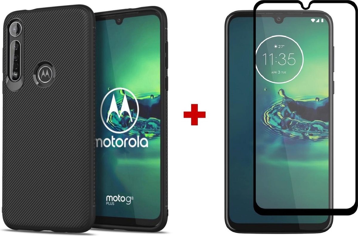 Silicone TPU gel zwart hoesje Motorola Moto G8 Plus met (full cover) glas screenprotector