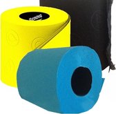 3x Gekleurd toiletpapier rollen 140 vellen - Turquoise/zwart/geel thema feestartikelen decoratie - WC-papier/pleepapier