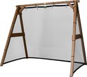 Bruin houten frame met een groot wit net aan de achterkant, op een witte achtergrond.