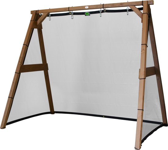 Bruin houten frame met een groot wit net aan de achterkant, op een witte achtergrond.