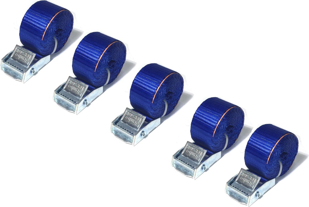 JUMBO Spanband 5 stuks, 200cm, 25mm met klemgesp , 250KG. Blauw TUV gecertificeerd, conform EN-12195-2