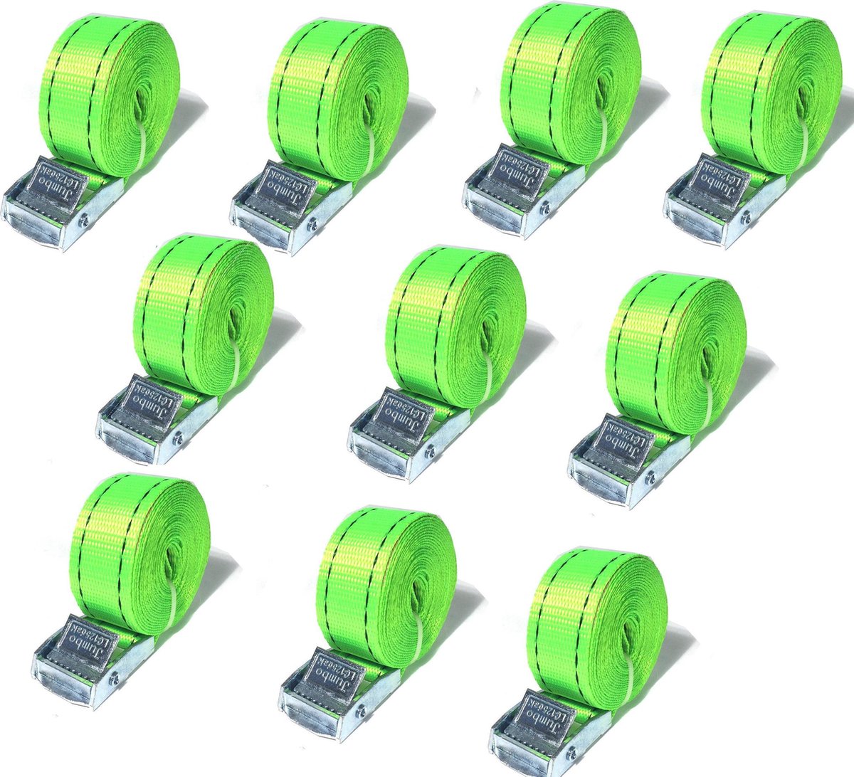 JUMBO Spanband 10 stuks, 300cm, 25mm met klemgesp , 250KG. Fluo groen TUV gecertificeerd, conform EN-12195-2