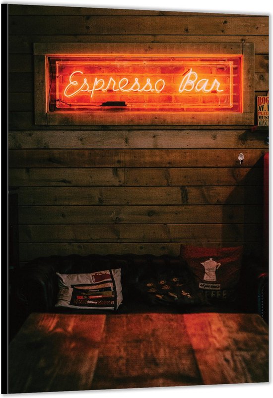 Dibond –Bank met Tekst (Espresso Bar)– 40x60cm Foto op Aluminium (Wanddecoratie van metaal)