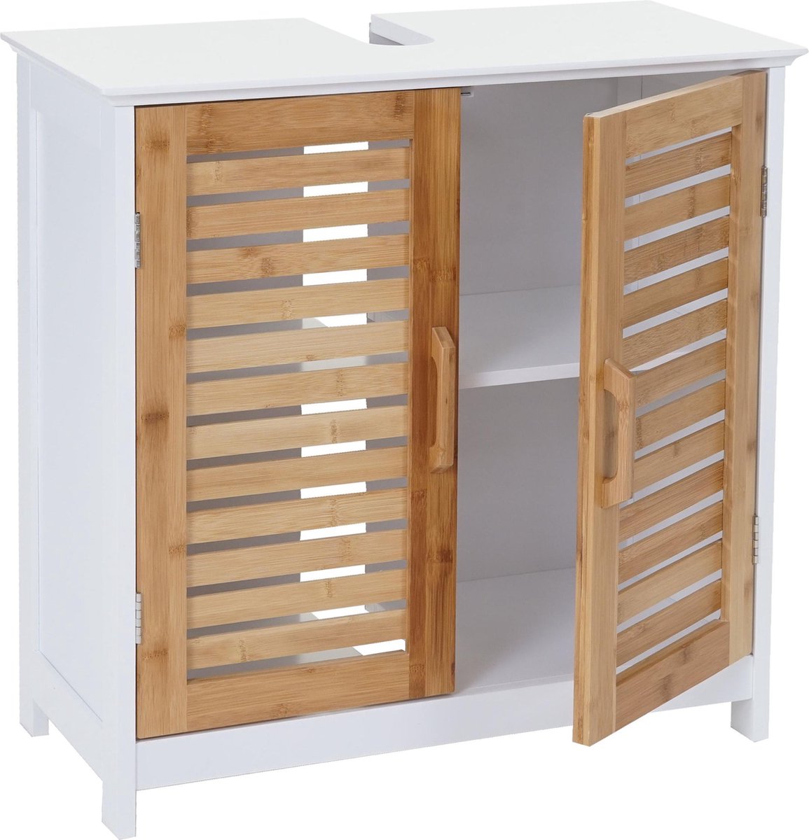 Wastafelonderkast MCW-B41, badkameronderkast badkamerkast met opbergvak, bamboe MDF 60x60x30cm MVG ~ wit-bruin