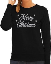 Foute Kersttrui / sweater - Merry Christmas - zilver / glitter - zwart - dames - kerstkleding / kerst outfit XS (34)