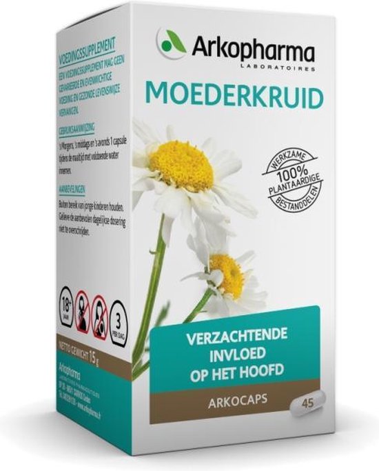 Doosje Arkopharma Moederkruid met afbeelding van bloemen. Tekst: 'VERZACHTENDE INVLOED OP HET HOOFD'. 45 capsules.