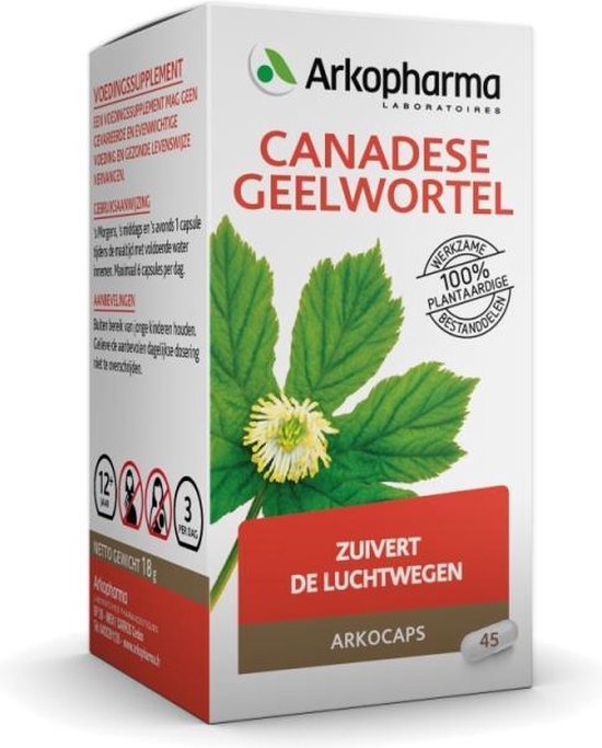 Doosje Arkocaps Canadese Geelwortel met tekening van plant. 100% plantaardig. Bevat 45 capsules.