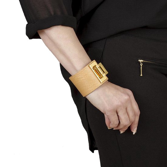 NEW SALE, BELUCIA dames armband ZK-04 kalfsleer mat camel, goudkleurig, maat 17 cm