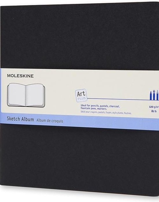 Zwart Moleskine Art Schetsboek met een lichtgele band met een schets en de tekst 'Sketch Album'.
