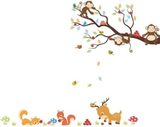 Sticker Muursticker Chambre d'enfants TH Commerce - Singes dans un arbre avec des animaux de la forêt - Singe - Singe - Singes - Cerf - Écureuil - Chambre d'enfant - Garçon - Fille - Décoration murale n ° 2240