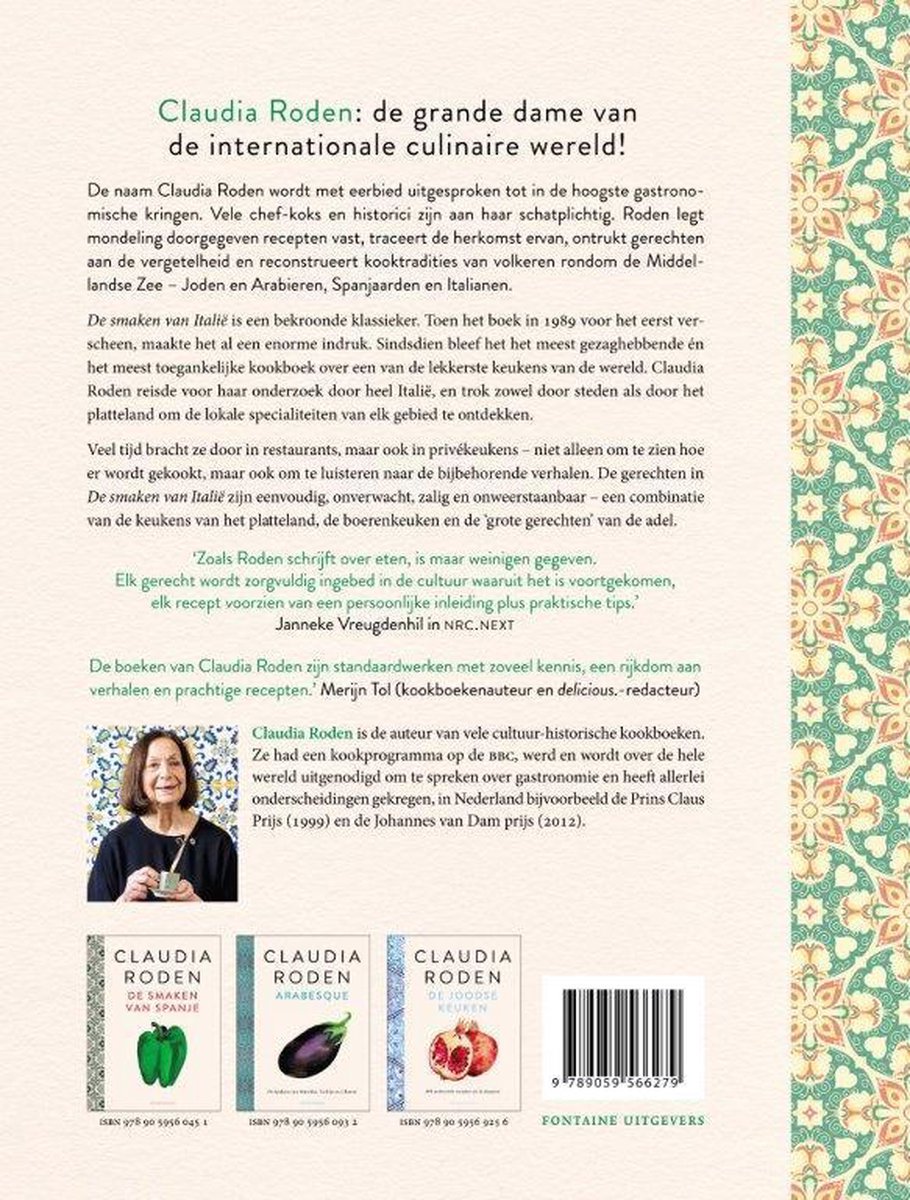 Boekomslag met Claudia Roden en haar boek 'De smaken van Italië'.