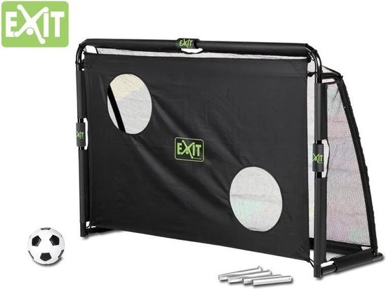 Zwart EXIT voetbaldoel met ronde gaten, met EXIT logo en voetbal.