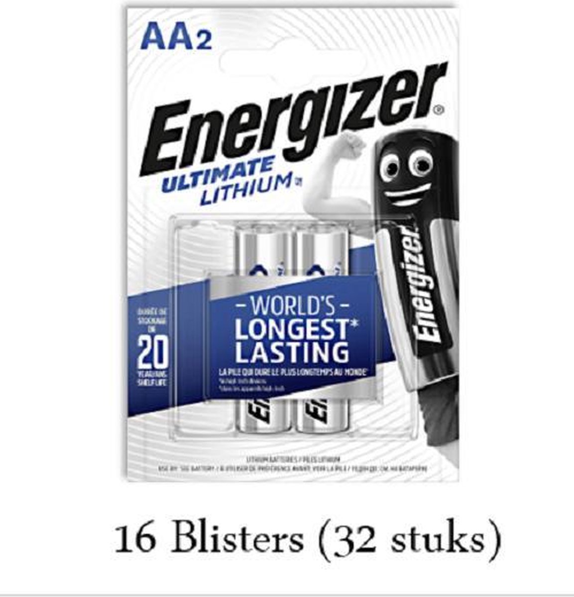 32 stuks (16 blisters a 2 stuks) Energizer Lithium AA/L91 1.5v