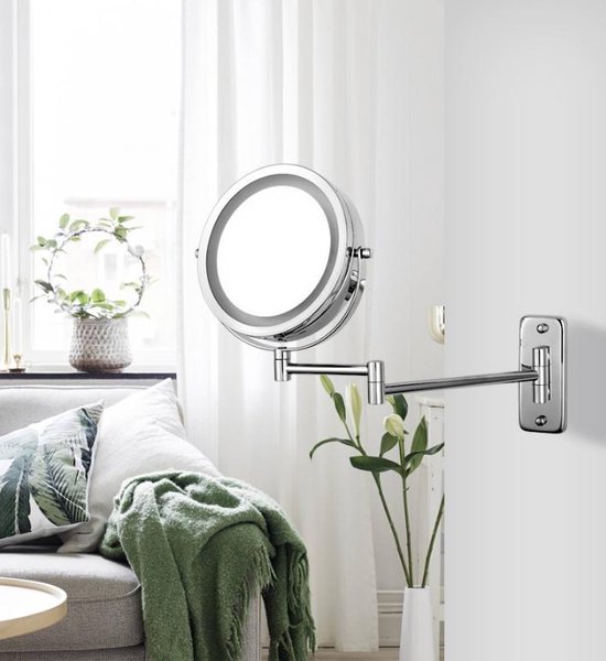 360° Draaibaar Spiegel met LED Verlichting en 3X Vergroting - Scheerspiegel met Natuurlijk Licht en Touch Sensor - Make-Up - Badkamerspiegel - Werkt op Batterijen/ Draadloos - SIMIA
