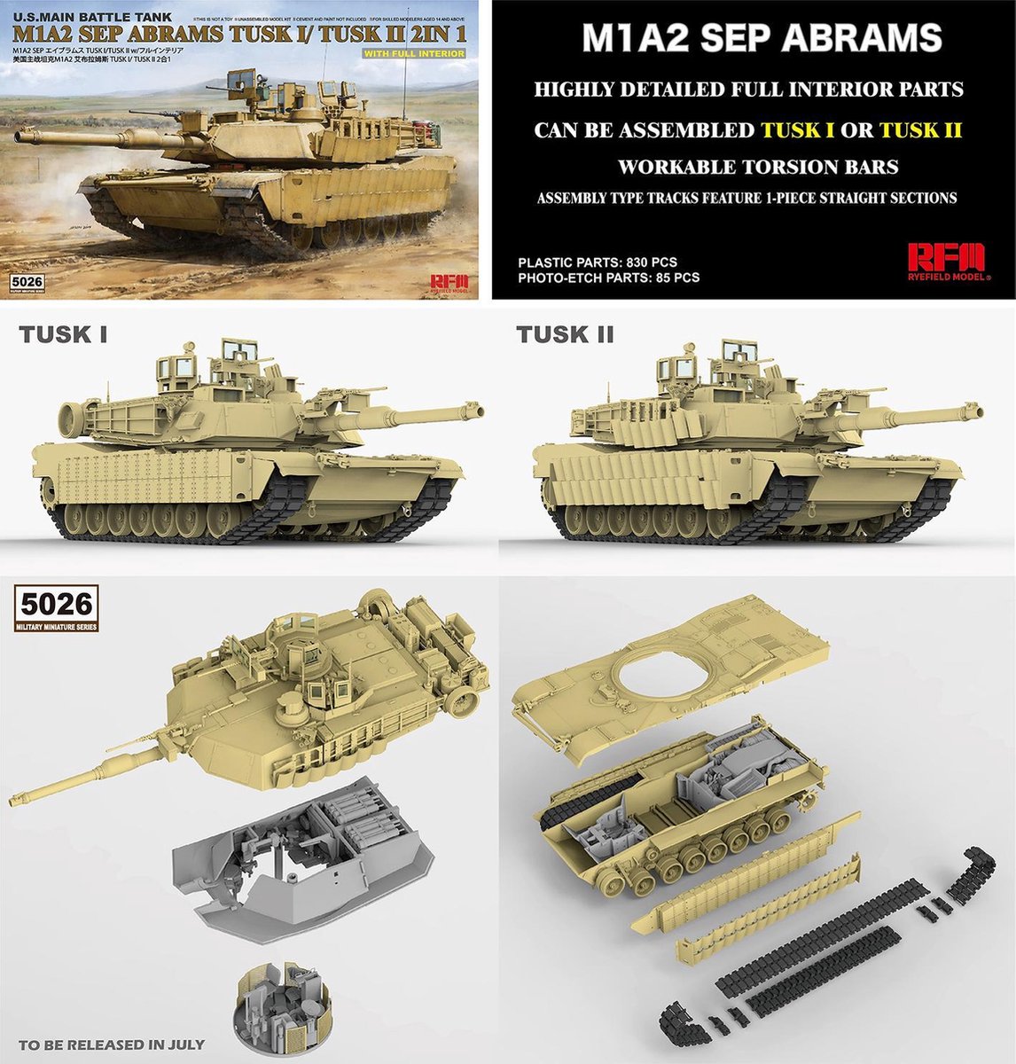 Rye Field Model Modelbouwpakket Militaire voertuigen - 5026 U.S. Main Battle Tank M1A2 SEP Abrams TUSK I /TUSK II 2 in 1 with full interior Plastic - 1:35 - Modelbouw