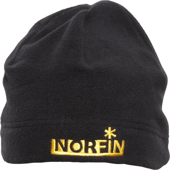 Zwarte Norfin fleece muts met gele NORFIN-opdruk en ster.