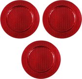 3x Ronde rode kaarsenplateaus/kaarsenborden met vlechtpatroon 33 cm - onderborden / kaarsenborden / onderzet borden voor kaarsen